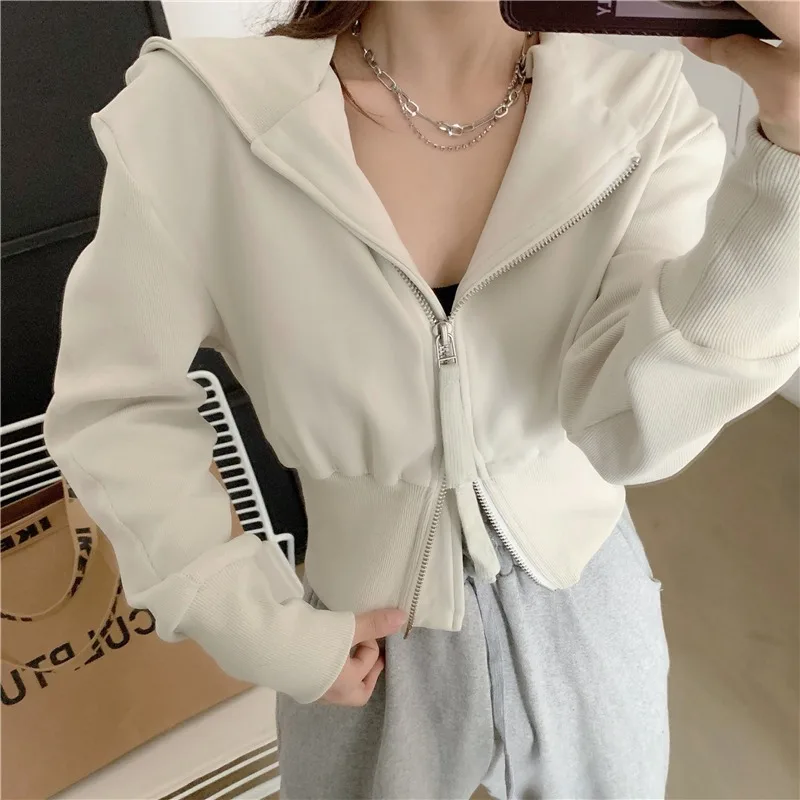 Gidyq Harajuku Streetwear Sweatshirt Women Fashion Double Zip Loose Hoodies Autumn Casual Female All Match Cropped Coats New