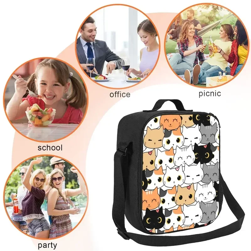 Lancheira com impressões bonitos do gato para homens, animal dos desenhos animados, saco térmico portátil, sacola térmica, bolsa, piquenique ao ar livre, moda