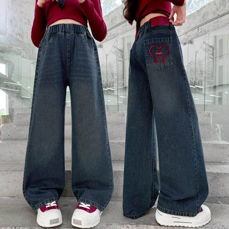 Spring Autumn Kids Loose Straight Jeans with Heart Pocket for Tweens Girls Fashion Retro Blue Denim Pants Child Stylish Trousers