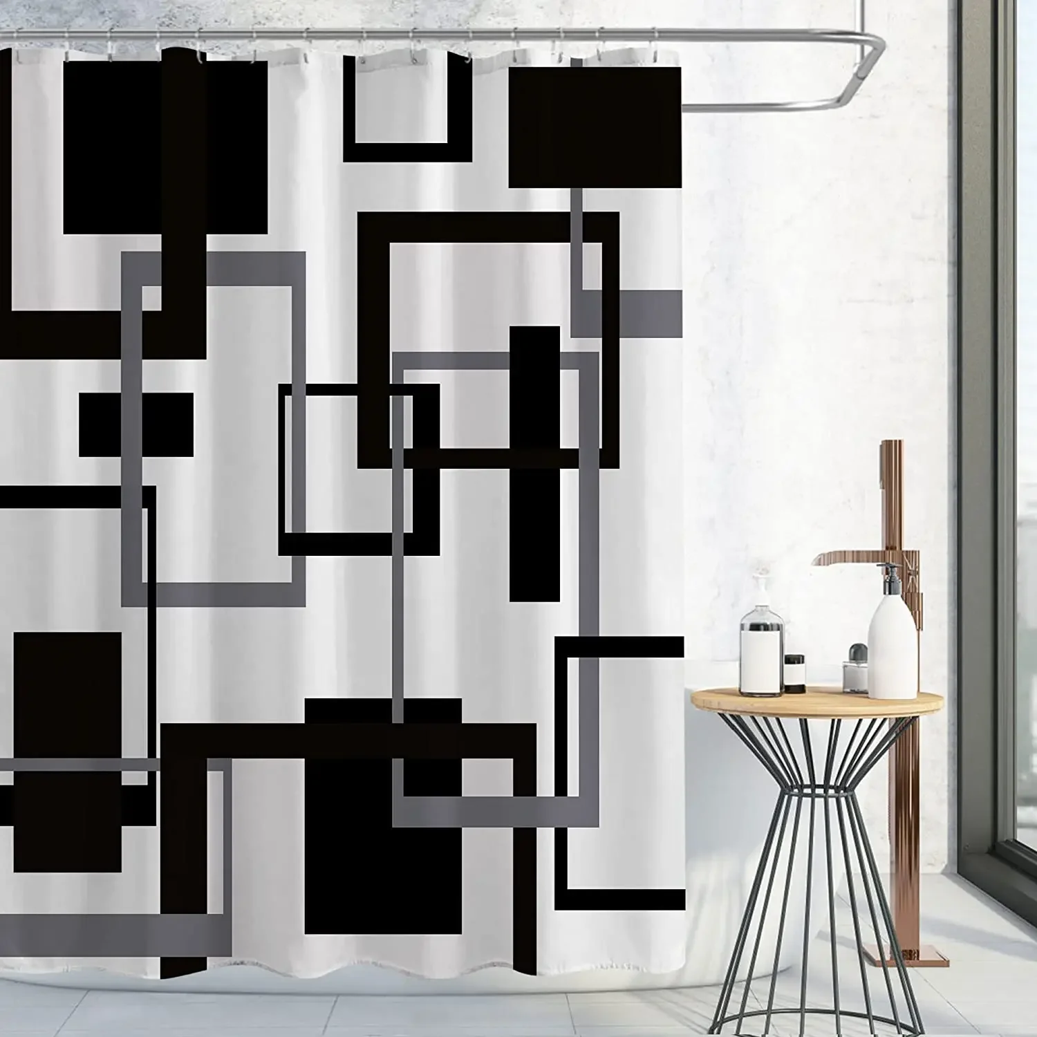 Black and White Shower Curtains Black Grey Geometric Abstract Mid Century Modern Minimalist Fabric Curtain for Bathroom Decor