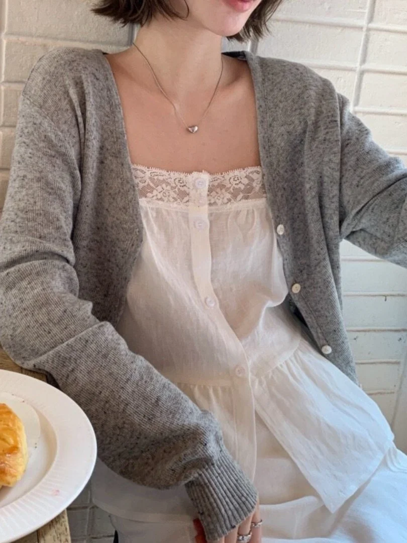 Summer 2026 Women's Sleeveless Top Inner Wear Lace Trim Layering Design Trendy Strap Vest Korean Casual Style Pure Color Knitted