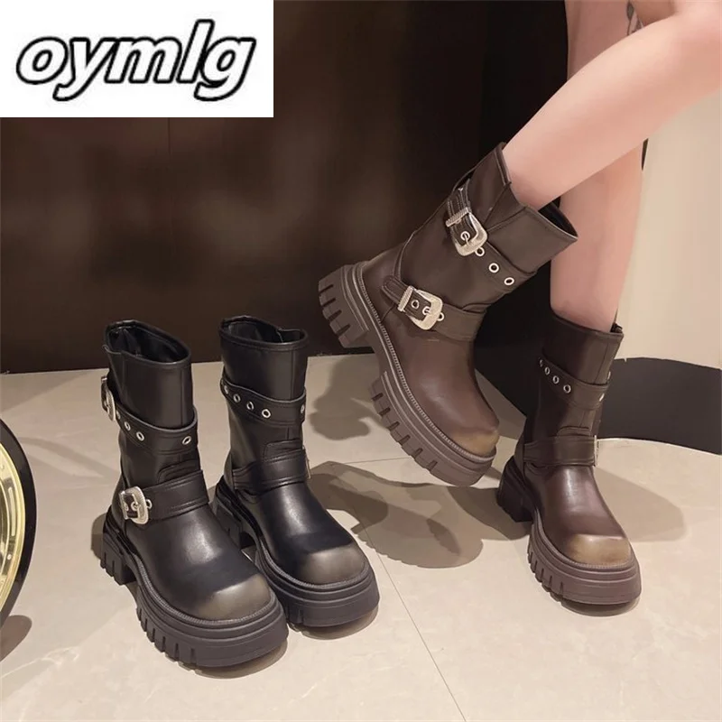 2024 New Coarse Heel Belt Buckle Short Boots for Women, Thick Bottom Retro Western Cowboy Boots, Motorcycle Boots