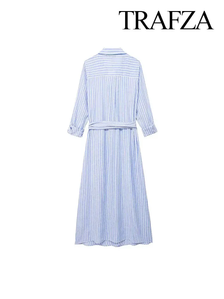 BabYoung Elegant Striped 2024 Female Summer Chic Retro Lapel Pockets Buttons Gentle With Belt Vintage Long Sleeves Dress