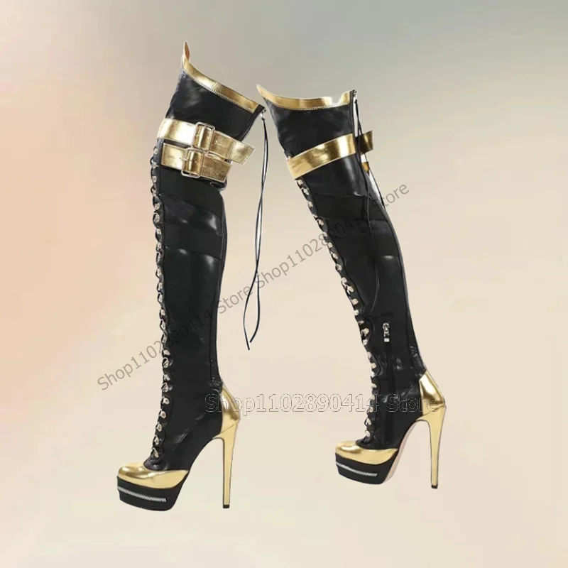 

Black Gold Metal Buckle Decor Strappy Platform Boots Side Zipper Women Shoes Round Toe Fashion Banquet 2023 Zapatos Para Mujere
