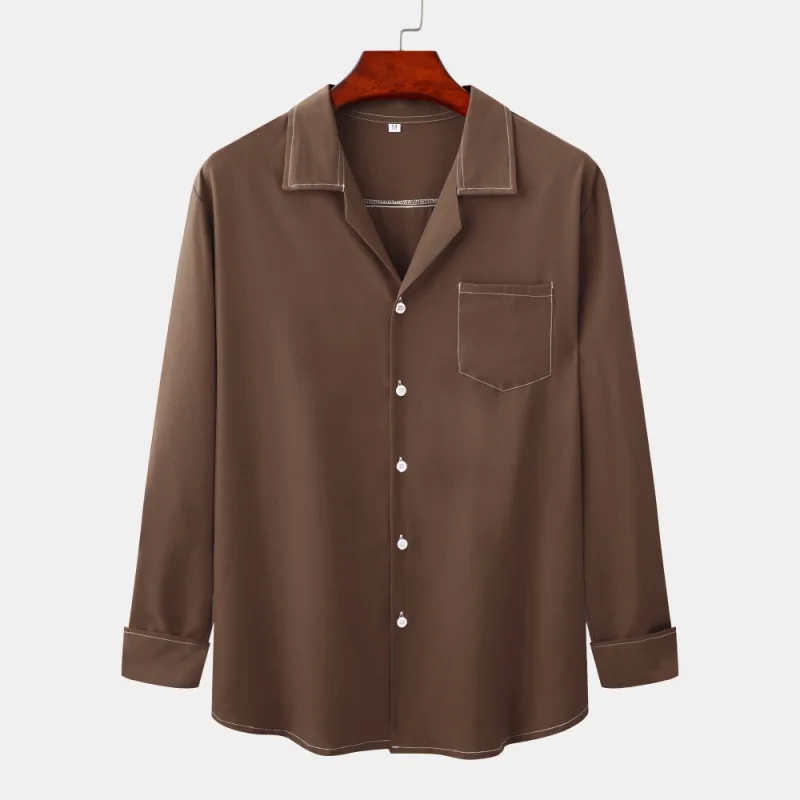 2023 Men's Solid Color Large Cuban Collar Long Sleeve Leisure Vacation Home Shirt Pajamas AL Dark Coffee