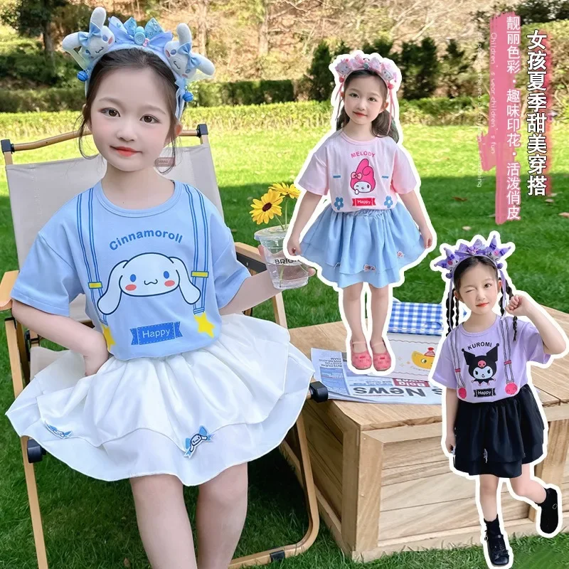 

Ins Fashion Cinnamoroll My Melody Anime Kawaii Baby Shirt Skirt Set Summer Cute Kuromi Children Two-piece Clothes Gifts
