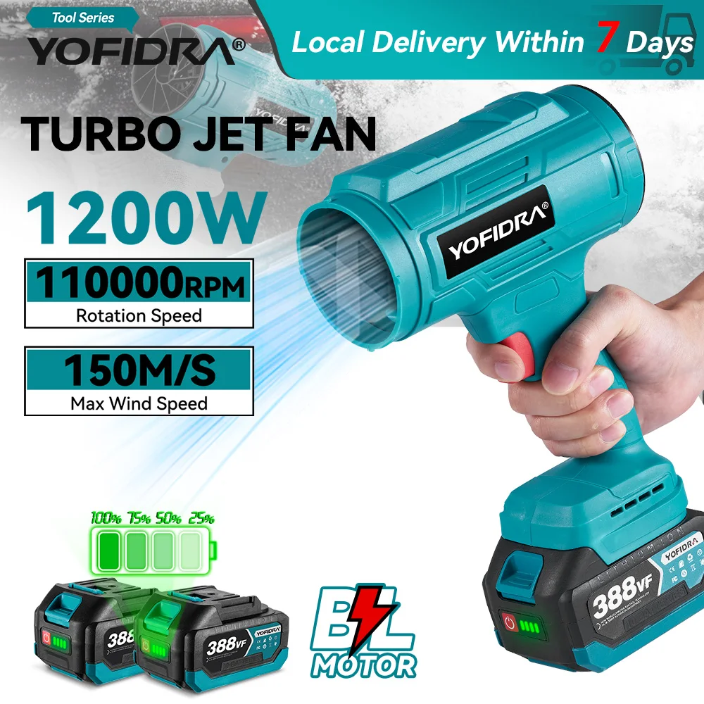YOFIDRA 1200W 150M/S Electric Turbo Jet Fan Cordless Air Blower Snow Leaf Cleaner Garden Power Tools for Makita 18V Battery Pin