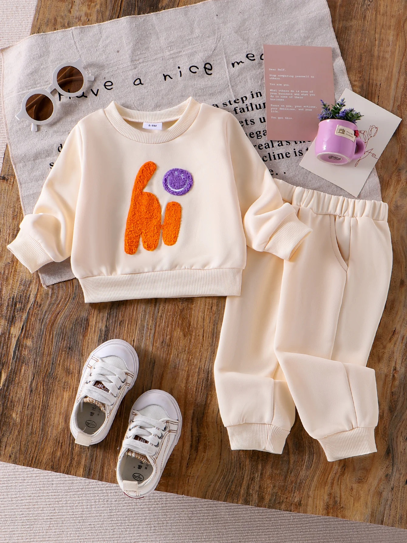 

2CPS Autumn New Style For Girls And Babies Casual Daily Hi Letter Beige Round-Neck Sweater Plus Solid Color Pants Set