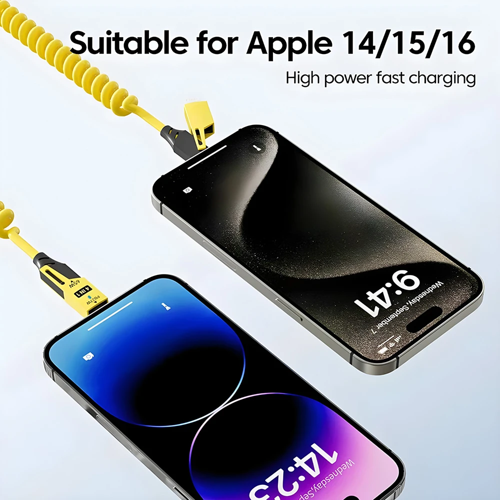 65W 4 in 1 Fast Charging Cable Car Spring Telescopic USB Type C Data Cable for iphone 15 16 Samsung Huawei Xiaomi Charger Wire
