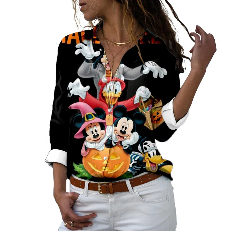 Camiseta de manga larga con solapa para mujer, camisa informal de Stitch y Mickey y Minnie, estilo Harajuku, y2k, para Halloween y otoño