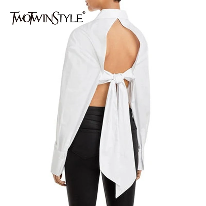 

TWOTWINSTYLE Solid Casual Backless Blouse For Women Laple Neck Long Sleeve Spliced Single Breasted Minimalist Shirts Female