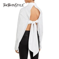 TWOTWINSTYLE Solid Casual Backless Blouse For Women Laple Neck Long Sleeve Spliced Single Breasted Minimalist Shirts Female