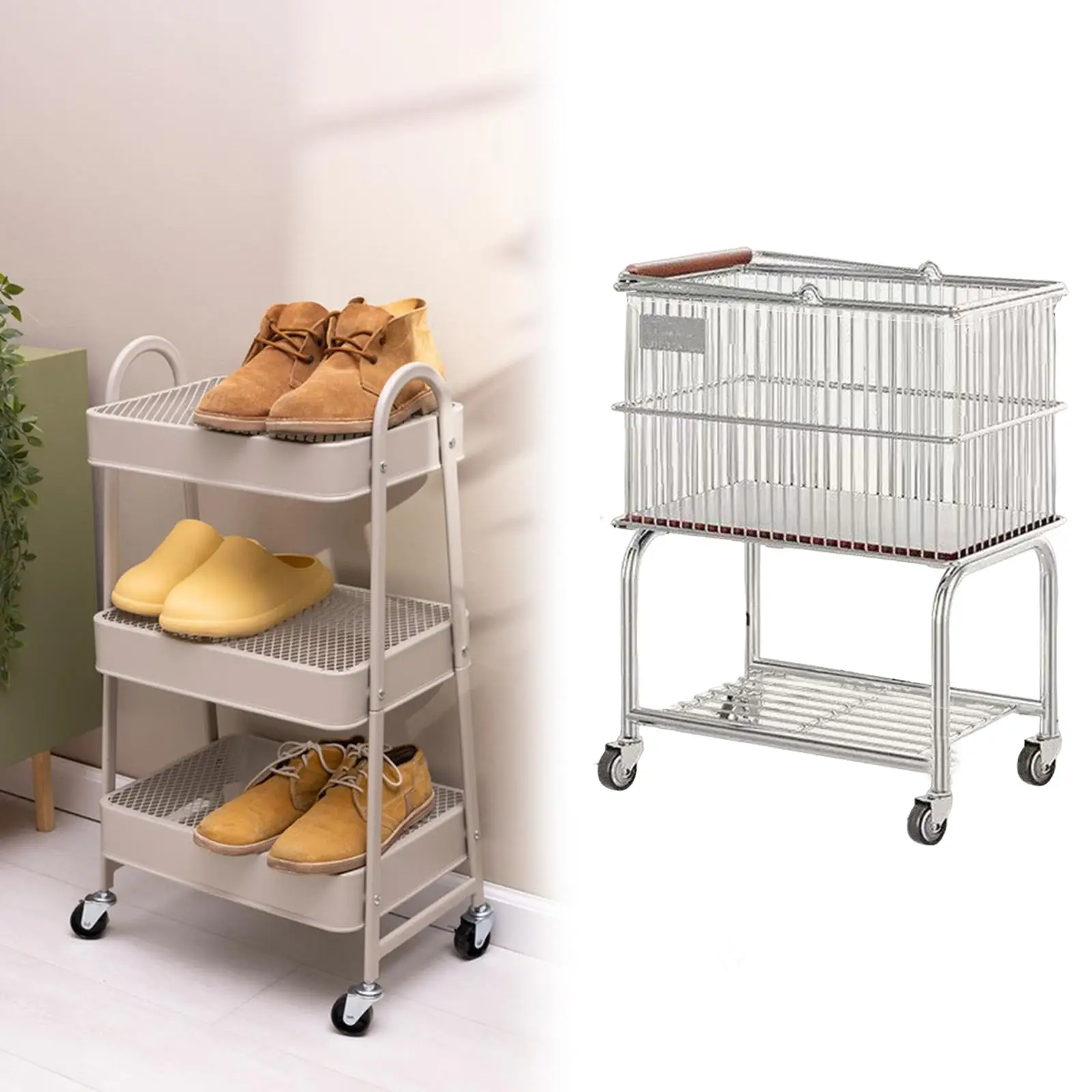 Compact Laundry Basket Cart with Wheels Carbon Steel Storage Organizer Shelf for Laundry Room Bedroom Clothes Organization
