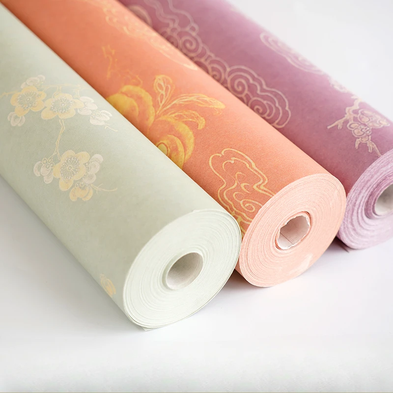 Rolling Xuan Paper Print Auspicious Cloud Flower Pattern Calligrafia Papier 10mHalf Ripe Xuan Paper Brush Calligraphy Rice Paper