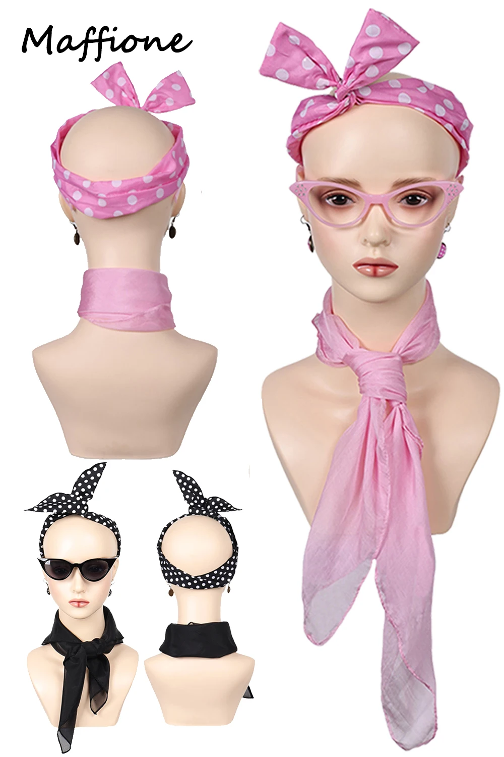 1950s Pink Ladies Movie Grease Cosplay Headband Glasses Earrings Scarf Costume Props Retro Vintage Women Cloth Acccesssories