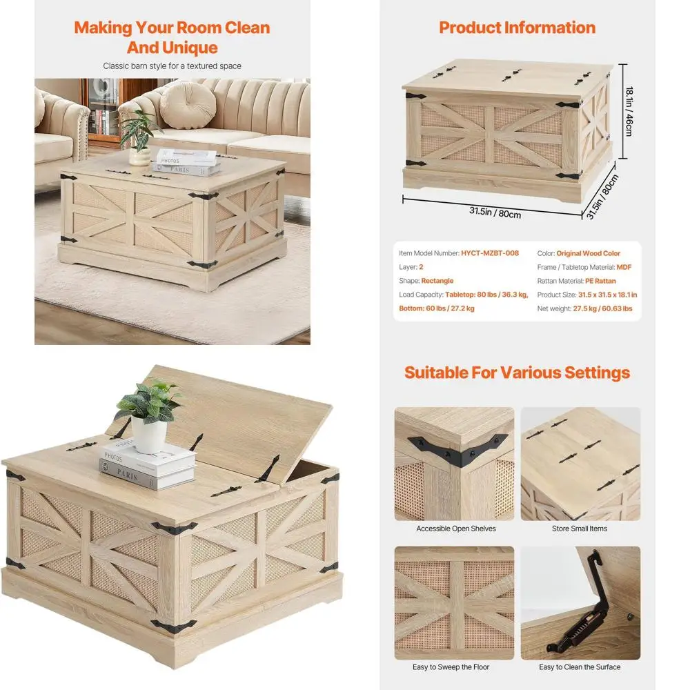 

Woven Rattan Coffee Table with MDF Top, 32 Bohemian Storage Table, Retro Metal Hinges for Living Room, Bedroom, Small Spaces