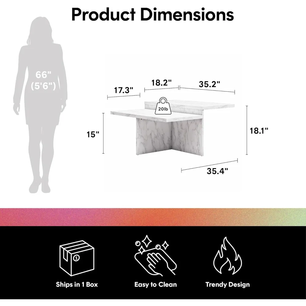 Mesa de centro Brielle de dos niveles, imitación mármol blanco
