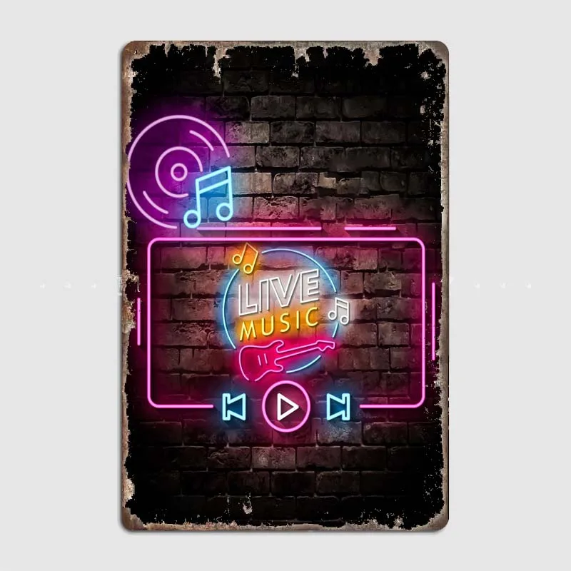 Vintage Metal Wall Sign with Intricate Printed Neon Art, Perfect Decoration for Restaurant, Music Bar, Game Room, Home or Office