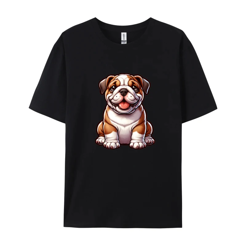 Cartoon Illustration Of A Happy Bulldog Puppy T-Shirt Dog Pure Cotton Men Top T-shirts Luxury Clothing Shirts Men Oversized