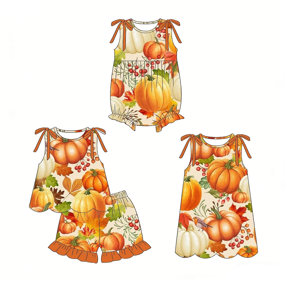 Thanksgiving Day Hot-selling girls' outfit sleeveless dress with shorts pumpkin leaves print Matching dresses and romper custom