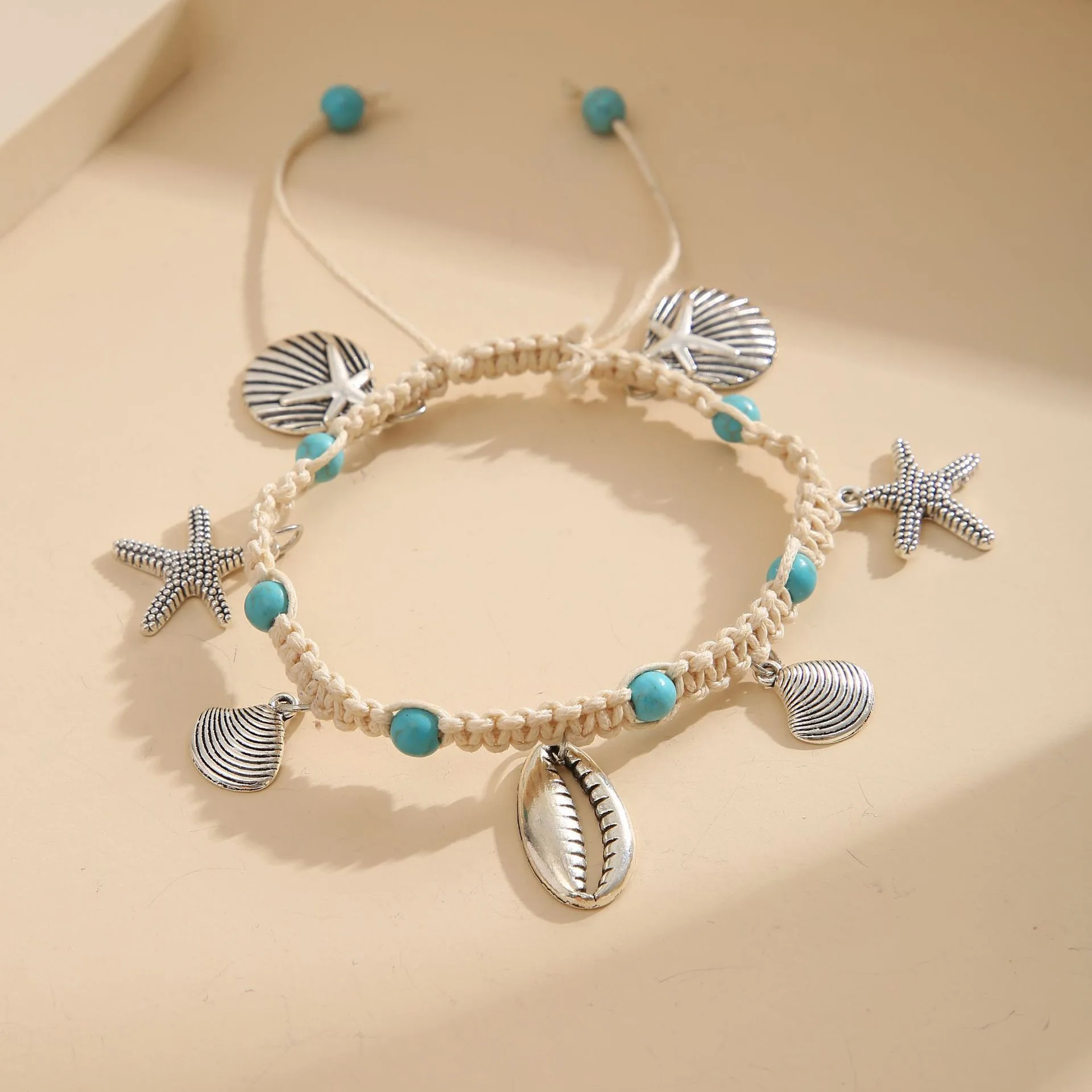 2025 New Vintage Turquoise Hand Knitted Anklet with Starfish & Shell for Women Men Beach Fashion Retro Creative Jewelry Gift
