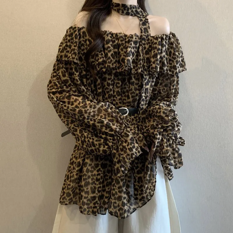 Women's Safari Print Shirt with Pleated Shoulder And Flounce Hem Long Sleeve Loose Fit Korean Style Office Wear Spring 2026