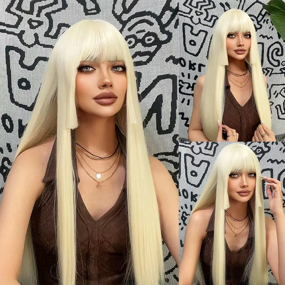 

24Inch Natural Light Blonde Synthetic Wigs With Bangs Long Natural Straight Hair Wig for Women Hime Cut Daily Use Heat Resistant