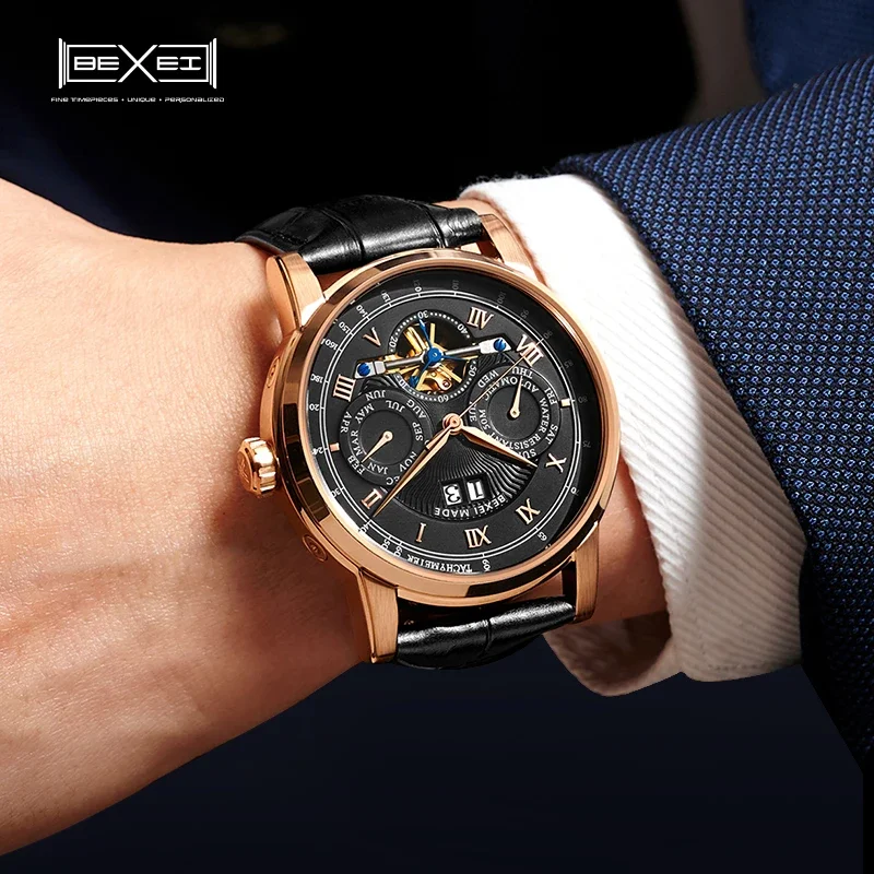 BEXEI 2025 เครื่องกลอัตโนมัติโรมันตัวเลขมัลติฟังก์ชั่นนาฬิกาผู้ชายแซฟไฟร์แสดงวันที่วันในสัปดาห์เดือน