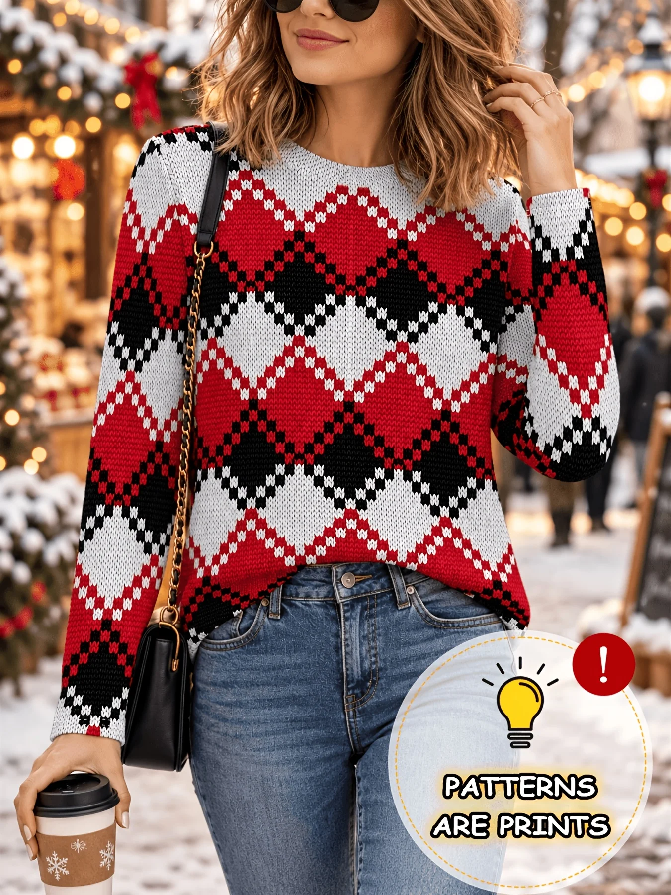 Women Long Sleeve T Shirt Round Neck Vintage Argyle Geometric Print Christmas Casual Top Women's Clothes