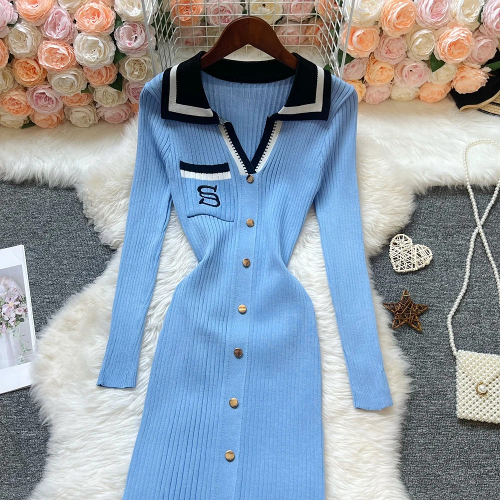 YuooMuoo Chic Fashion Sexy Wrap Hips Knitted Maxi Dress Women Brand Fashion Embroidery Long Sleeve Sweater Dress Autumn Vestido