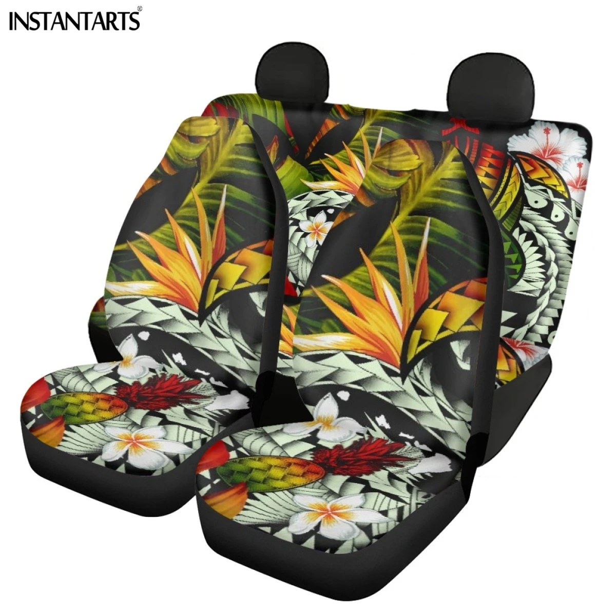 

INSTANTARTS Hawaii Polynesian Plumeria Print Vehicle Seat Covers Bird of Paradise Front and Back Seat Soft Car Seat Protector