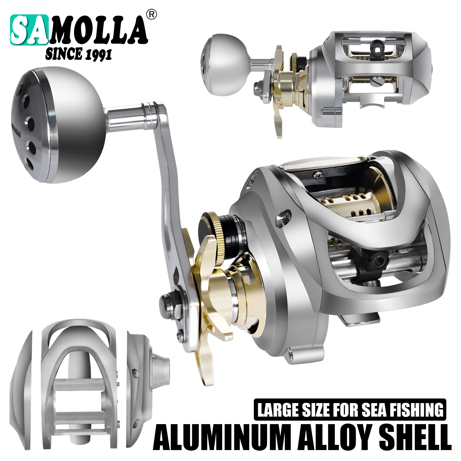 SAMOLLA All Aluminum Alloy Shell And Base Baitcasting Reel Large Deep Sea Fishing Reel Saltwater Waterproof 6.4:1 16KG Drag