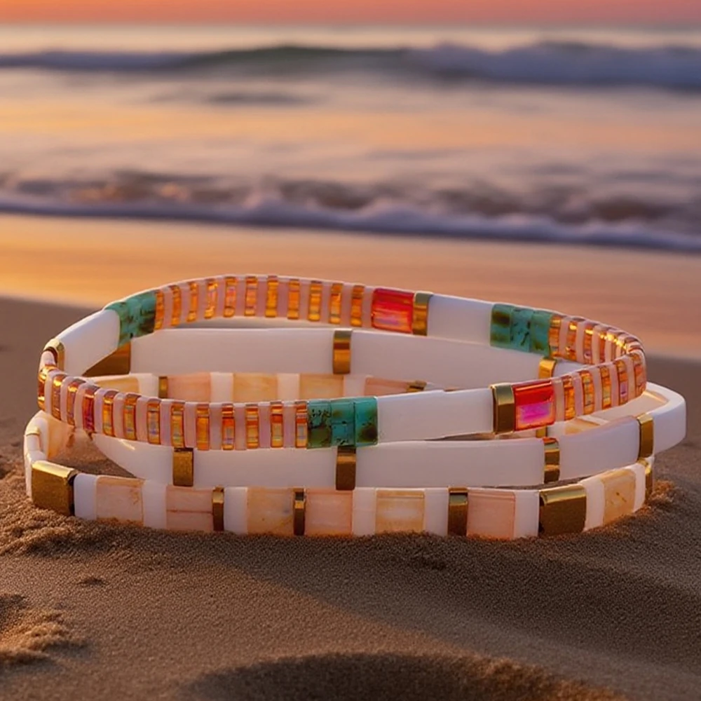 

3PCS Colorful Tile Beaded Bracelet Set for Women Girls Boho Square Beads Stretch Bracelets, Summer Beach Holiday Fashion Jewelry