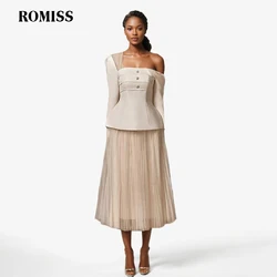 ROMISS Slimming Two Piece Set For Women Diagonal Collar Long Sleeve Tunic Top High Waist A Line Skirt Fashion Sets Female