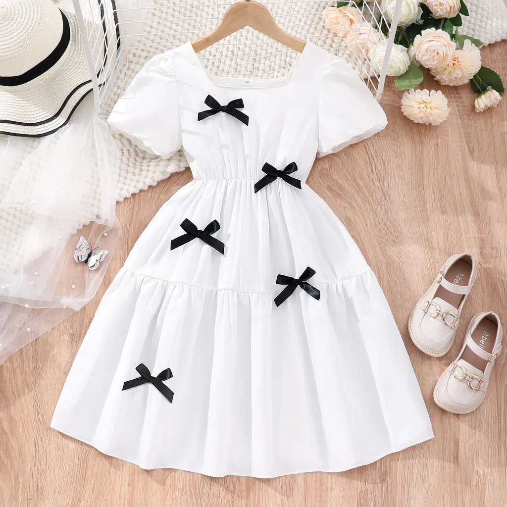 2024 Dress Teens Girl Clothes Summer Short Sleeve 8 9 10 11 12 Years Old Korean Style Casual Bow Tie Party Clothing For Women