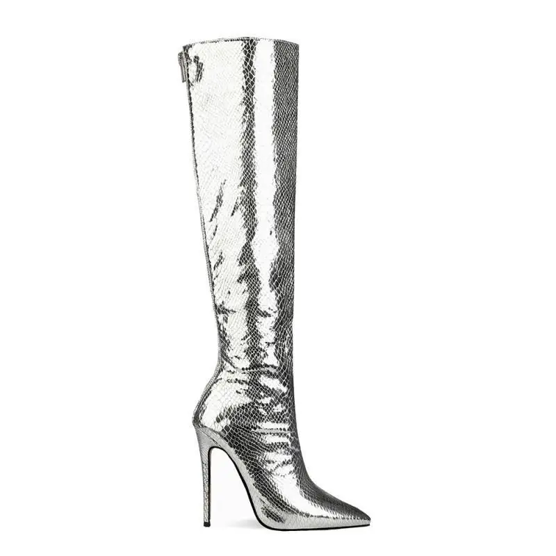 Cross border foreign trade women's shoes spring new pointed thin heel high heels silver high boots long boots large size women's