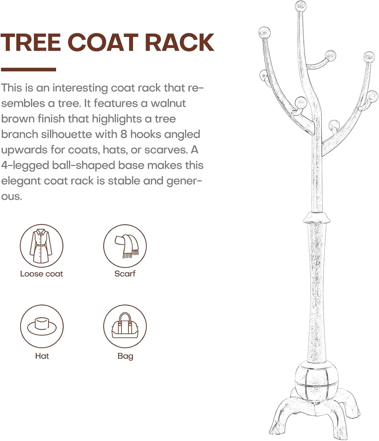 Rack de árvore de casaco de madeira autônomo com 8 ganchos, design criativo com aparência de ramo de árvore, cabide de pé para roupas