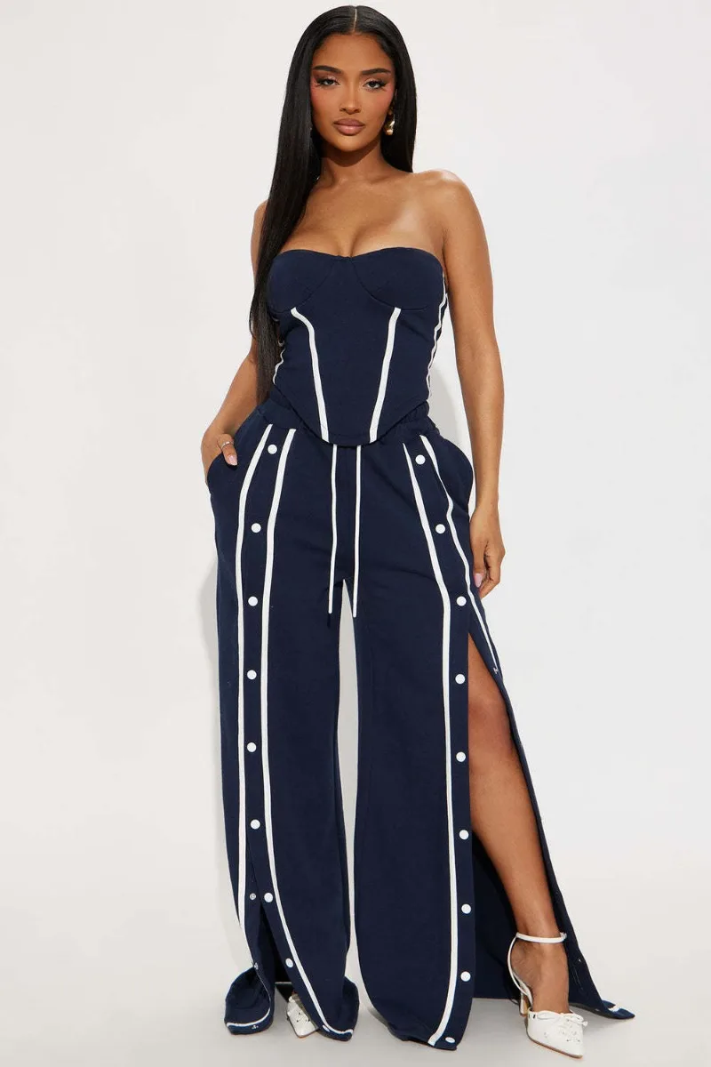 

GUWU New Color Blocking Strapless Waistband Top Wide Leg Pants Two-piece Buckle Set