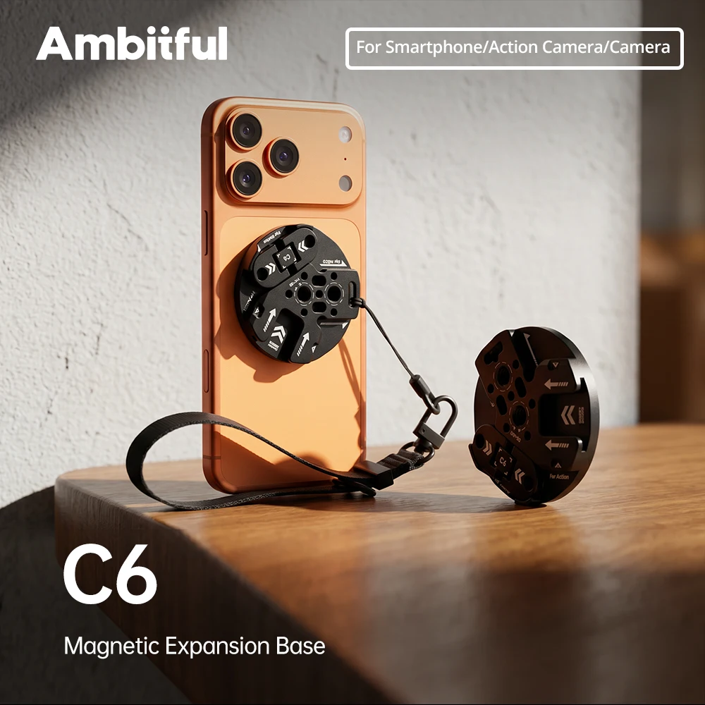 Ambitful C6 Disque d'extension magnétique MagSafe pour support de téléphone, support en alliage d'aluminium avec vis 1/4'' et griffe porte-accessoire pour trépied et stabilisateur GoPro
