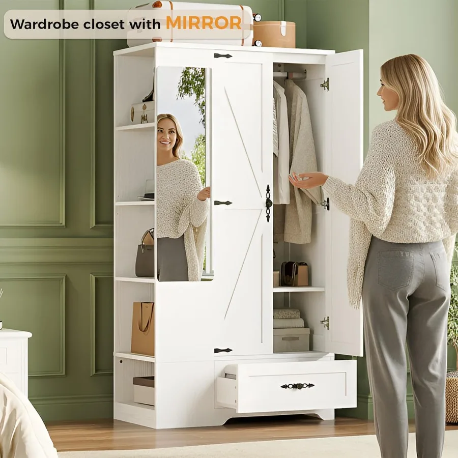70 خزانة ملابس خشبية عالية لغرفة النوم مع مرآة ببابين خزانة ملابس تتميز بقضيب معلق 5 أرفف بناء