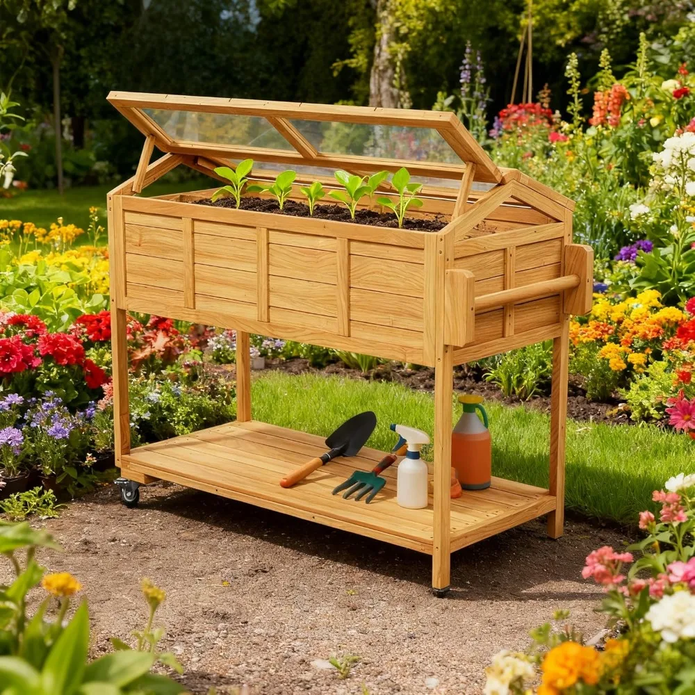 

Raised Garden Beds Outdoor, Elevated Planter Box Cart On Lockable Wheels with Legs, Bed Liner,Storage Shelf,Seed, Customized