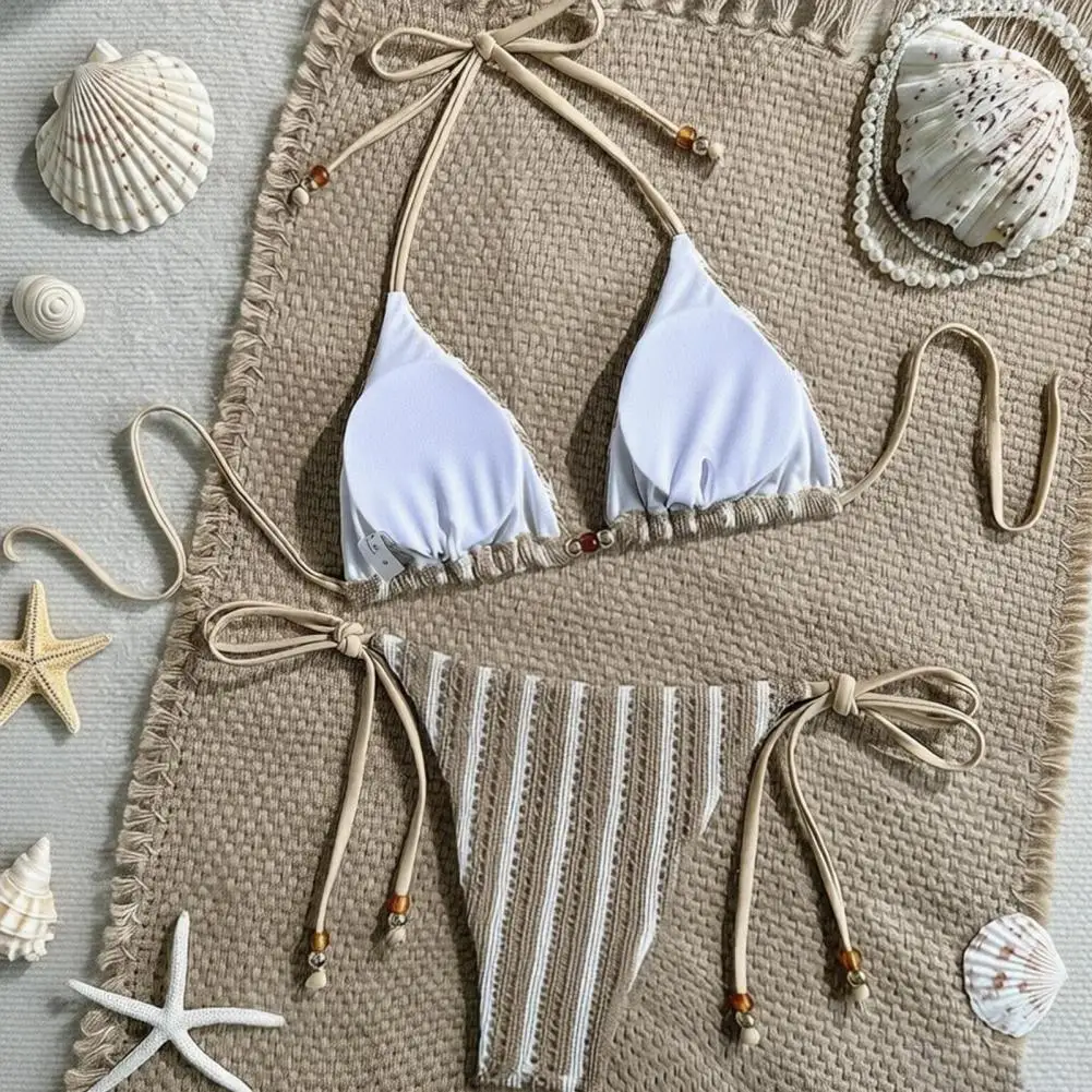 Sexy Knitted Swimsuit 2pcs Bikini Set for Women Knitted Hollow Fabric Halter Bra with Chest Pad Lace-up Swimming Bottoms Beach