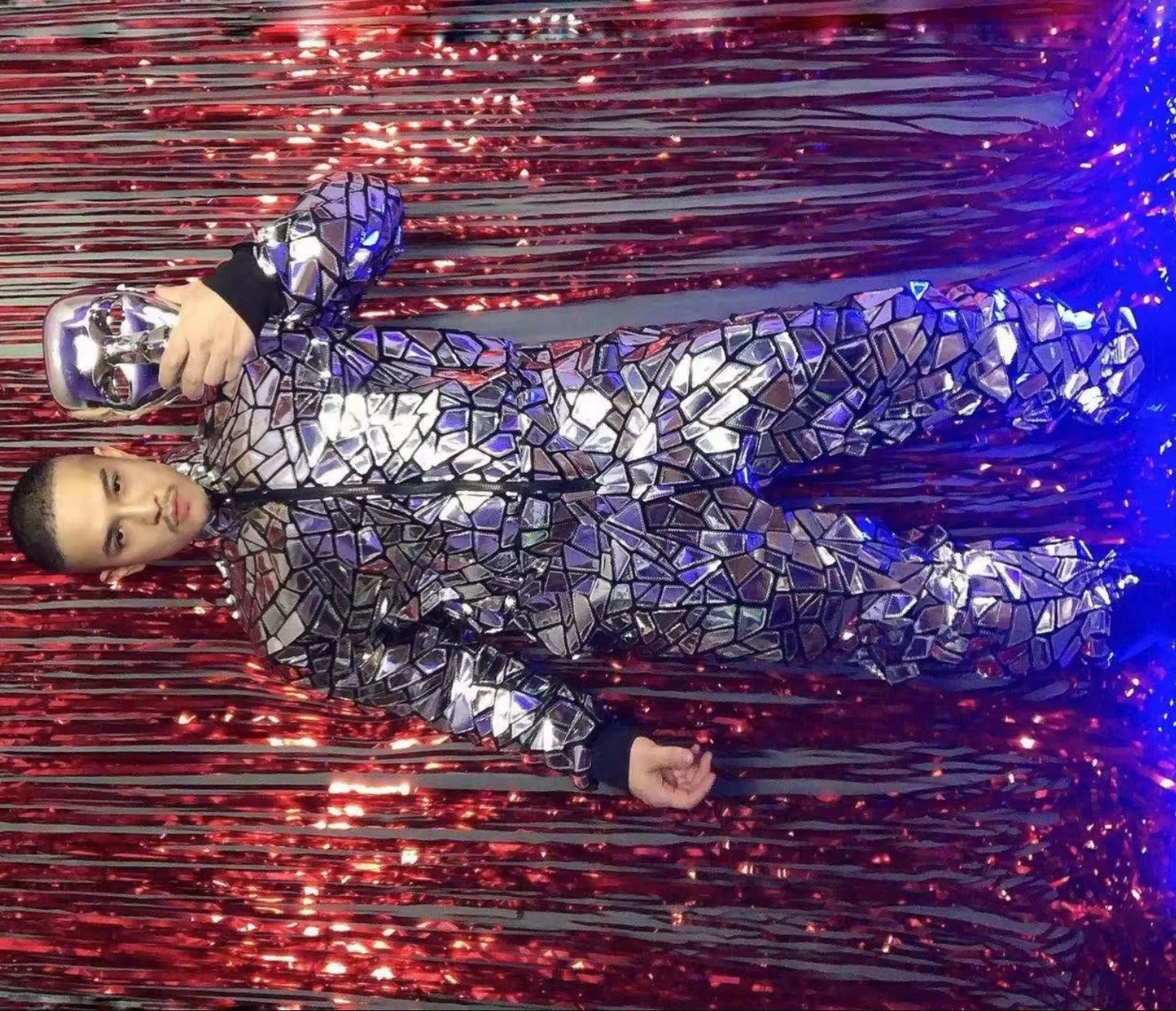 

Stage wear Sparkly Nightclub Tide Male Singer HIP HOP Dance Costume Musical Concert Performance Silver Laser Sequins Jumpsuit