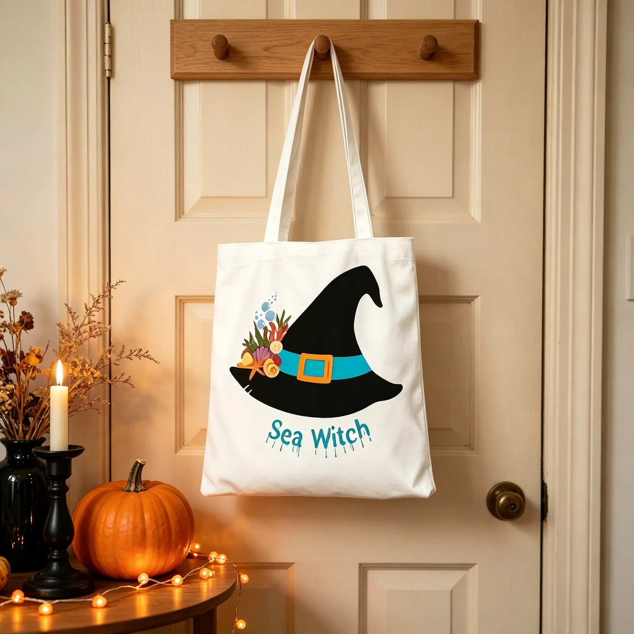 Sea Witch Canvas Tote Bag Ocean Shell Coral Witch Hat Print Shoulder Bag Reusable Shopping Handbag Halloween Holiday Gift