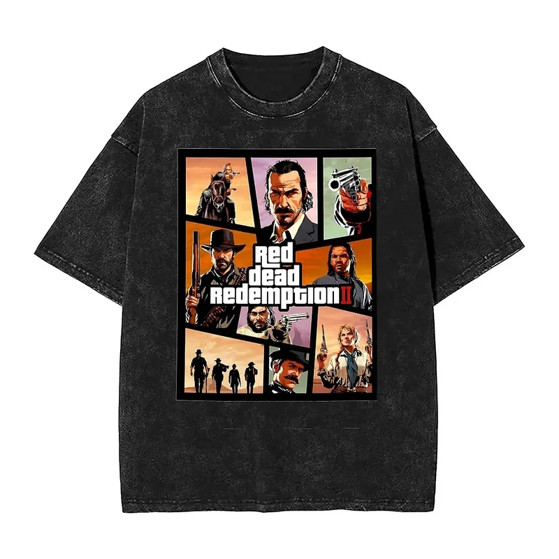 Oversized Washed T-Shirt Red Dead Redemption 2 Cotton T Shirts John Marston Cute Tee Shirt Man Summer Awesome Design Top Tees