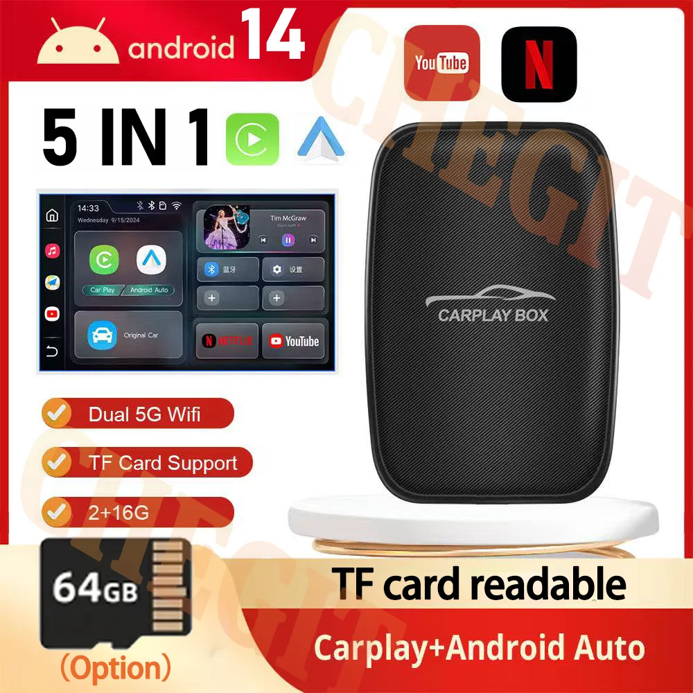 

5 в 1 Android AI box Проводной к беспроводному адаптеру CarPlay Android Auto Plug and Play ТВ-приставка для Netflix Аксессуары для YouTube