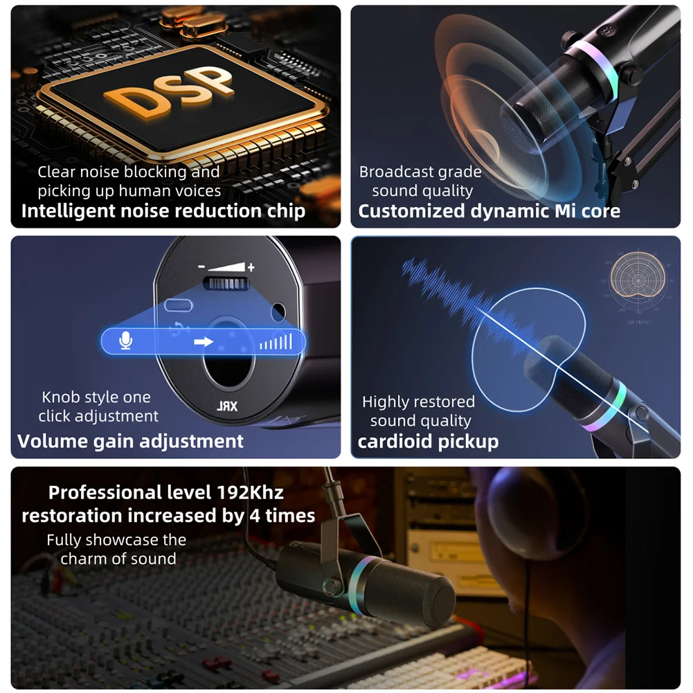 ميكروفون USB XLR ديناميكي للكمبيوتر RGB PC ميكروفون ديناميكي لتسجيل الاستوديو وإنشاء محتوى البث