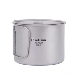 Tiartisan Camping Titanium Mug 900ml Portable Tableware Water Cup with Lid Folding Handle Outdoor Picnic Cookware Pot Ta8316