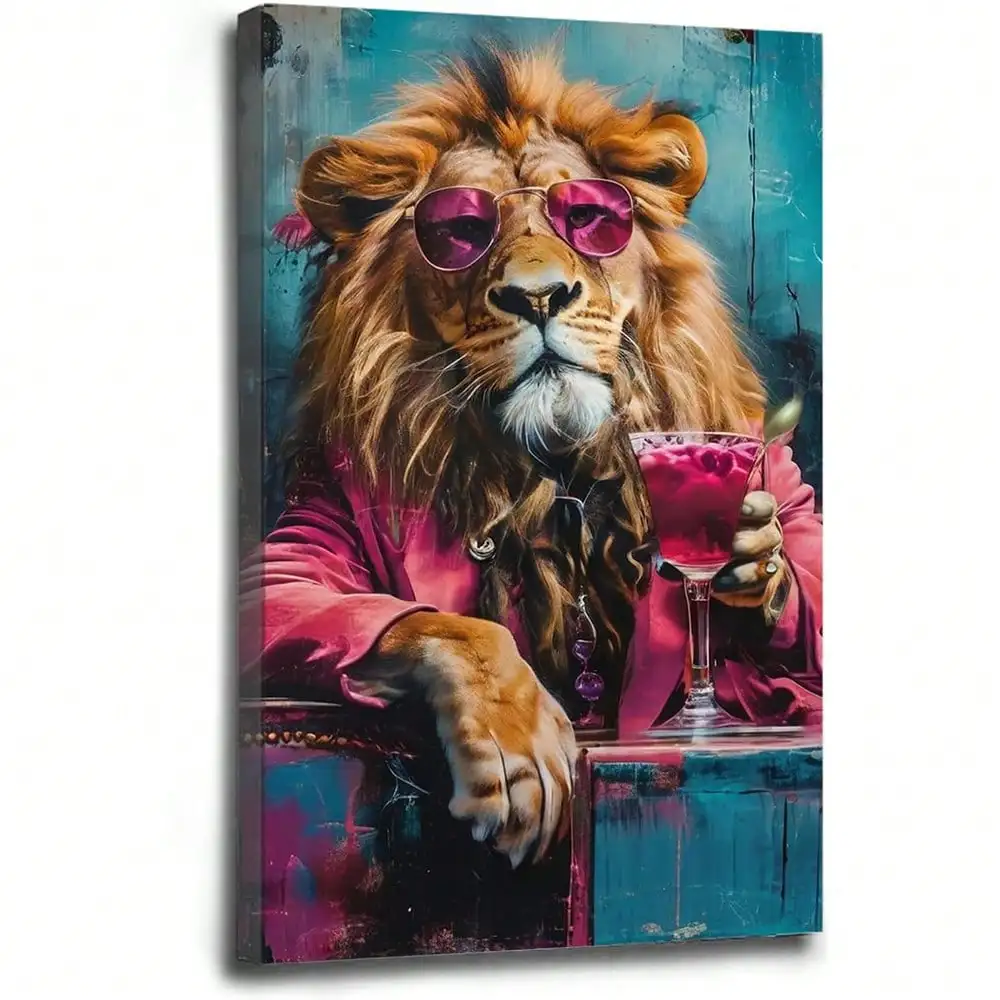 

1шт в рамке розовый лев и барная тележка холст настенное искусство | Dopamine Style, розовый китч и эстетика в консервативном стиле | Готовый к подвеске декор для девочек