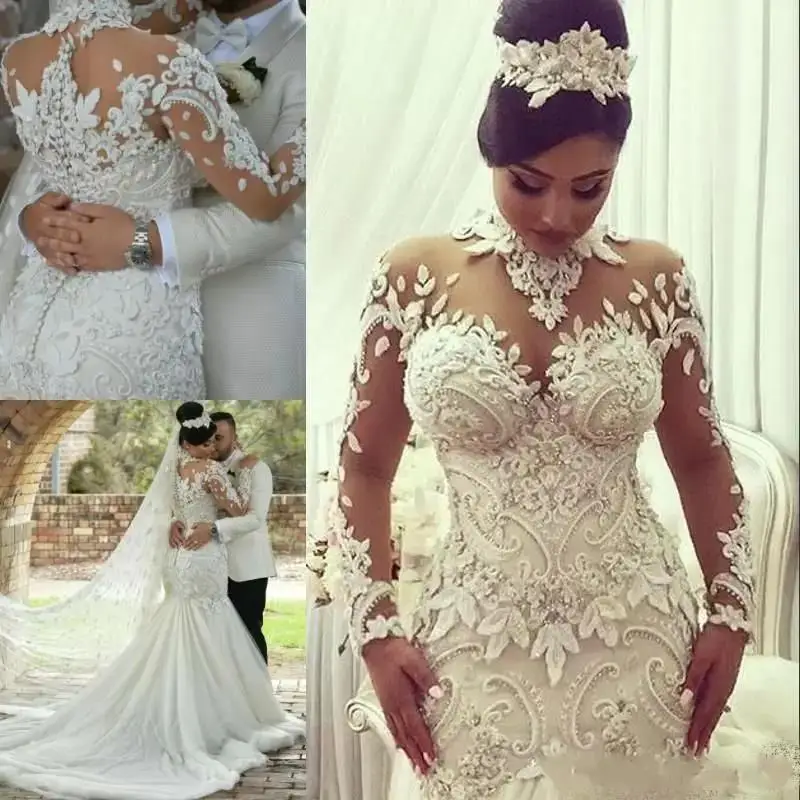 

Rhinestones Mermaid Wedding Dresses African Custom Made Sheer Long Sleeves Lace Appliques High Neck Bridal Gowns Vestidos